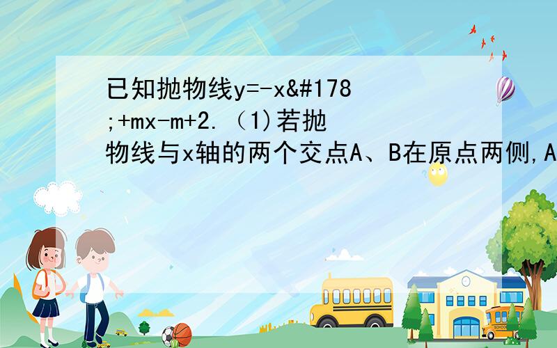 已知抛物线y=-x²+mx-m+2.（1)若抛物线与x轴的两个交点A、B在原点两侧,AB=√5,试求m的值（2）设C的抛物线与y轴的交点,若抛物线上存在关于原点对称的两点M、N,并且△MNC的面积等于27,试求m的