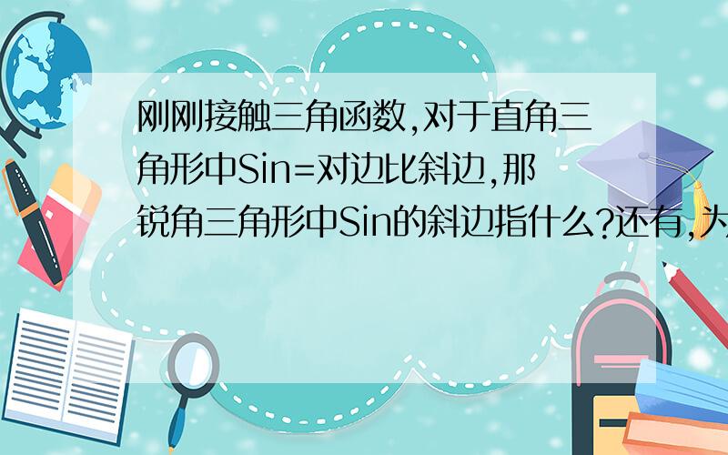 刚刚接触三角函数,对于直角三角形中Sin=对边比斜边,那锐角三角形中Sin的斜边指什么?还有,为什么三角函数会成立,试以直角三角形中Sin来证明.