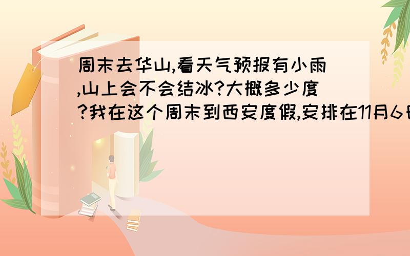 周末去华山,看天气预报有小雨,山上会不会结冰?大概多少度?我在这个周末到西安度假,安排在11月6日去华山,看天气预报有小雨,山上会不会结冰?大概多少度?