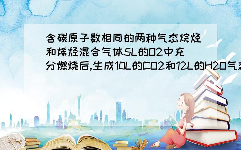 含碳原子数相同的两种气态烷烃和烯烃混合气体5L的O2中充分燃烧后,生成10L的CO2和12L的H2O气态.试求它们的结构简式分别是什么,体积比呢?主要我连第一句话都不明白.它到底说几种烷烃和几种