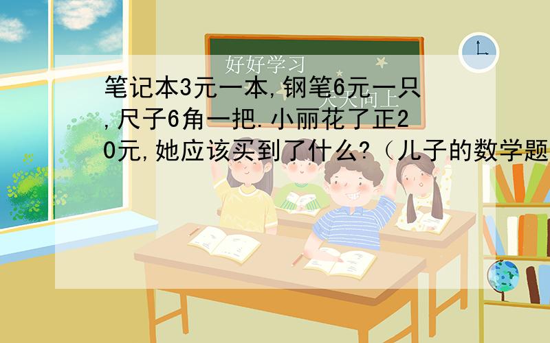 笔记本3元一本,钢笔6元一只,尺子6角一把.小丽花了正20元,她应该买到了什么?（儿子的数学题,求解/流泪）/抱拳