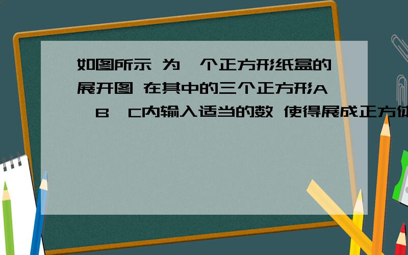 如图所示 为一个正方形纸盒的展开图 在其中的三个正方形A,B,C内输入适当的数 使得展成正方体后相对的面上的两个数满足下列条件：A面上的数a与它对面上的数互为倒数,B面上的数,b是它对