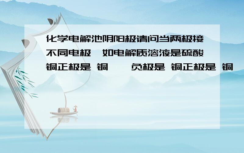 化学电解池阴阳极请问当两极接不同电极,如电解质溶液是硫酸铜正极是 铜    负极是 铜正极是 铜    负极是 石墨正极是 石墨    负极是 铜正极是 石墨    负极是 石墨分别如何电解?另外 如何