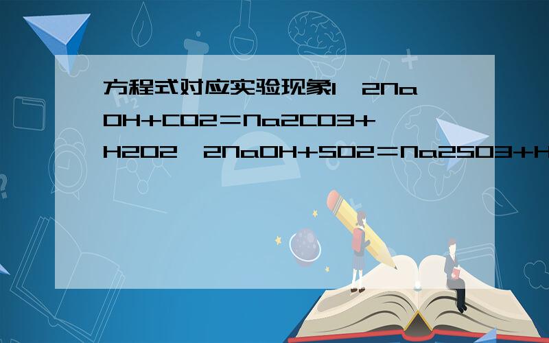 方程式对应实验现象1】2NaOH+CO2＝Na2CO3+H2O2】2NaOH+SO2＝Na2SO3+H2O3】2NaOH+SO3＝Na2SO4+H2O4】NaOH+HCl＝NaCl+H2O5】NaOH+HNO3＝NaNO3+H2O6】2NaOH+H2SO4＝Na2SO4+2H2O7】CO2+Ca(OH)2＝CaCO3↓+H2O8】2HCl+Ca(OH)2＝CaCl2+2H2O9】Ca(OH