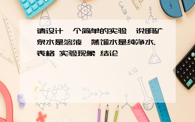 请设计一个简单的实验,说明矿泉水是溶液,蒸馏水是纯净水.表格 实验现象 结论