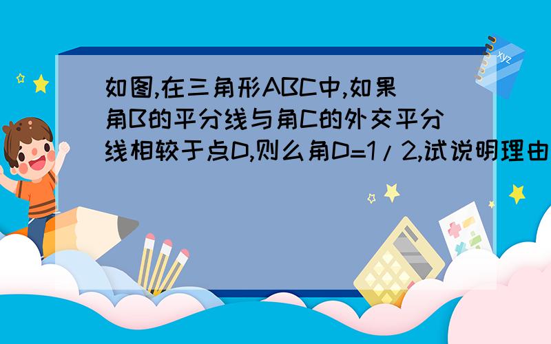 如图,在三角形ABC中,如果角B的平分线与角C的外交平分线相较于点D,则么角D=1/2,试说明理由