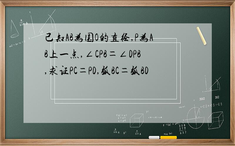 己知AB为圆O的直径,P为AB上一点,∠CPB＝∠DPB,求证PC＝PD,弧BC＝弧BD