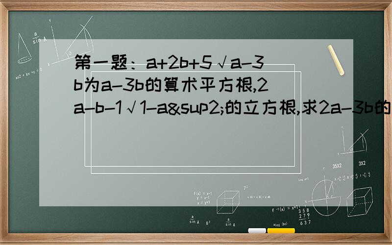 第一题：a+2b+5√a-3b为a-3b的算术平方根,2a-b-1√1-a²的立方根,求2a-3b的平方根.第二题：分解因式：-2a²+6ab-9b²?