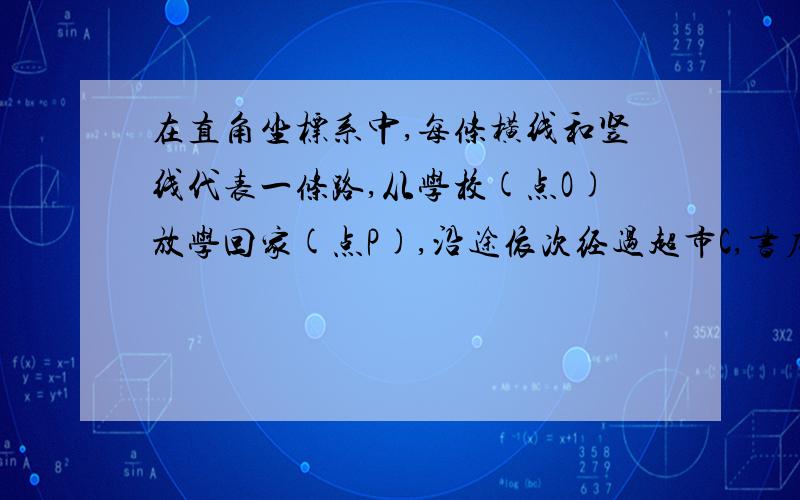 在直角坐标系中,每条横线和竖线代表一条路,从学校(点O)放学回家(点P),沿途依次经过超市C,书店B,邮局A请你画出最短的路径,用点的坐标表示依次经过的十字路口,请问最短路径有几条?