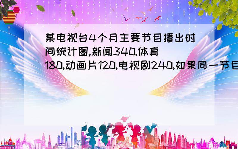 某电视台4个月主要节目播出时间统计图,新闻340,体育 180,动画片120,电视剧240,如果同一节目每月播出的时间相同,每个节目每月各播出多长时间?