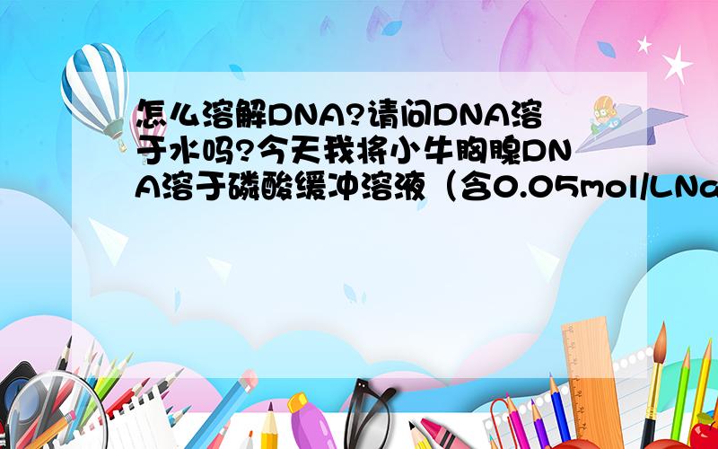 怎么溶解DNA?请问DNA溶于水吗?今天我将小牛胸腺DNA溶于磷酸缓冲溶液（含0.05mol/LNaCl）,可半天也不见溶,我一直摇,看见大片的变成几个小片的,请问有什么好的办法才能使其快点溶解?溶解前需