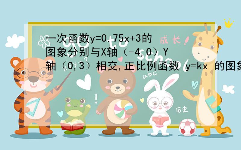 一次函数y=0.75x+3的图象分别与X轴（-4,0）Y轴（0,3）相交,正比例函数 y=kx 的图象与直线AB交于点P问：（1）当直线SB与直线OP互相垂直时,求P点坐标（2）当三角形AOP的面积是三角行AOB面积的三分