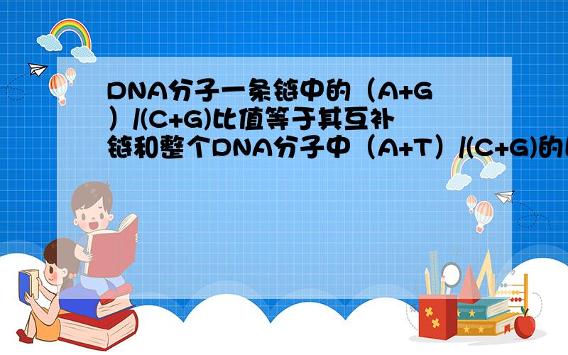 DNA分子一条链中的（A+G）/(C+G)比值等于其互补链和整个DNA分子中（A+T）/(C+G)的比值来自书上原句,这句话我意思都理解不了= =,个人感觉有歧义,是等于互补链的这个比值除以双链的这个比值?还