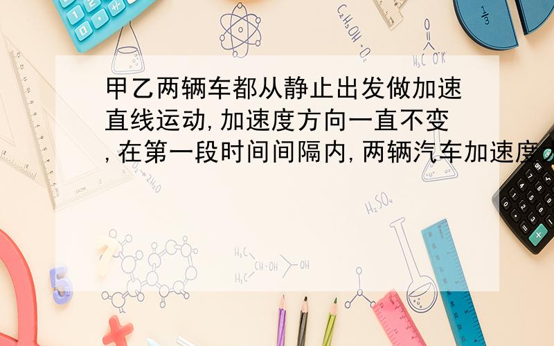 甲乙两辆车都从静止出发做加速直线运动,加速度方向一直不变,在第一段时间间隔内,两辆汽车加速度大小不变,汽车乙的加速度大小是甲的两倍,在接下来的相同时间间隔内,汽车甲的加速度大