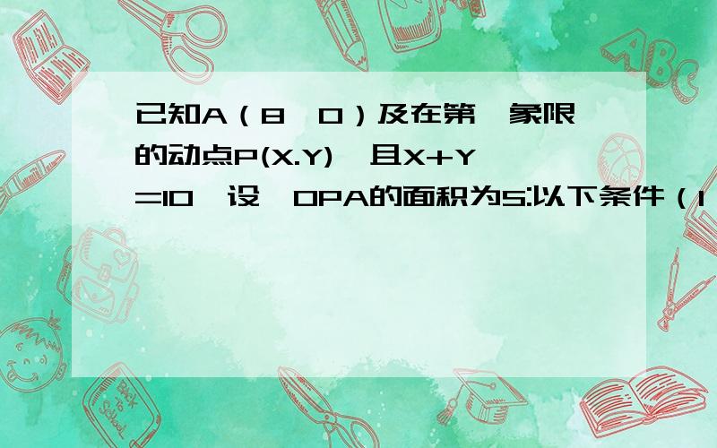 已知A（8,0）及在第一象限的动点P(X.Y)`且X+Y=10,设△OPA的面积为S:以下条件（1）求S关于x的函数表达式；（2）求x的取值范围；（3）求S=12时P点坐标；（4）画出函数S的图象.画图给我!）