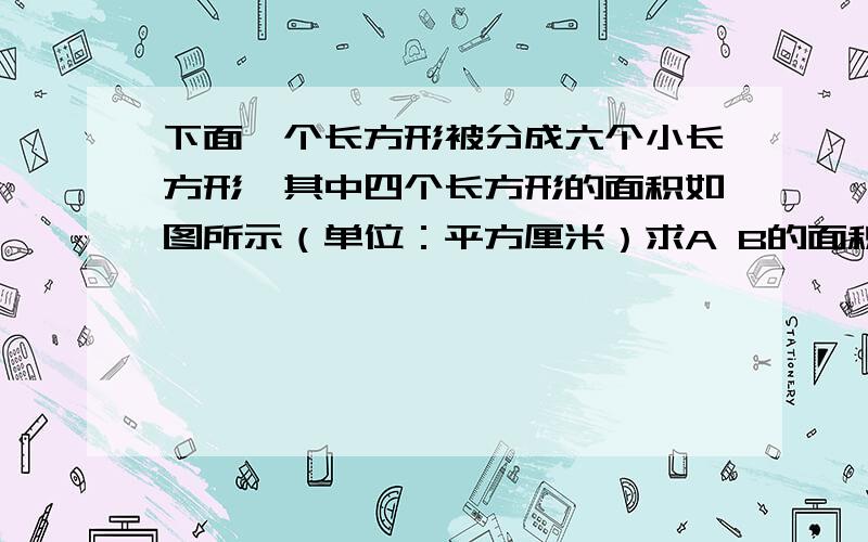 下面一个长方形被分成六个小长方形,其中四个长方形的面积如图所示（单位：平方厘米）求A B的面积