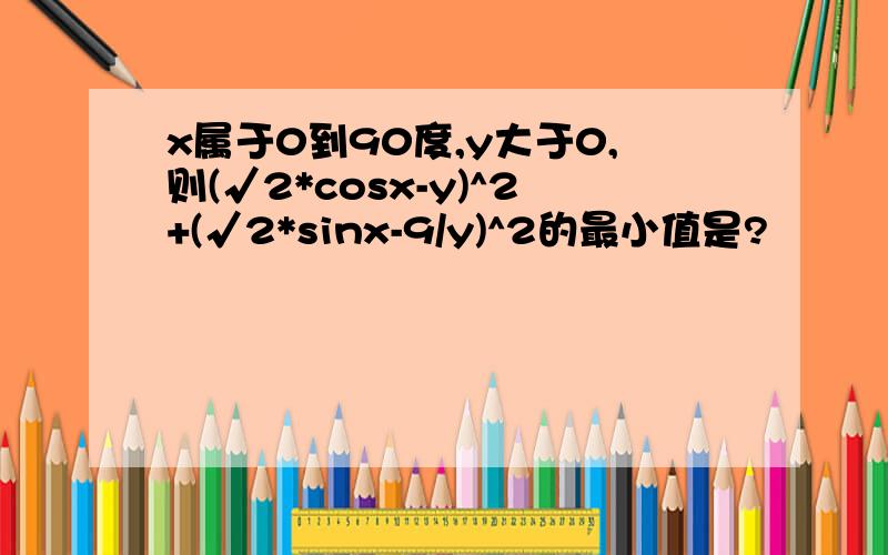 x属于0到90度,y大于0,则(√2*cosx-y)^2+(√2*sinx-9/y)^2的最小值是?