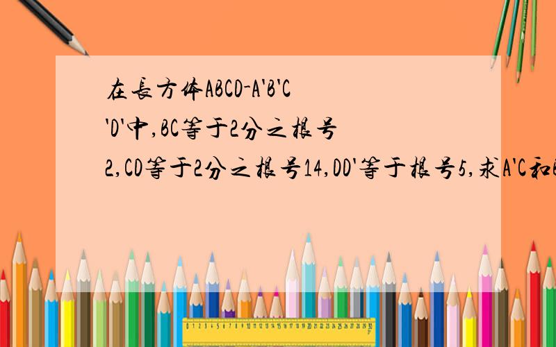 在长方体ABCD-A'B'C'D'中,BC等于2分之根号2,CD等于2分之根号14,DD'等于根号5,求A'C和B'D'所成的角的大小