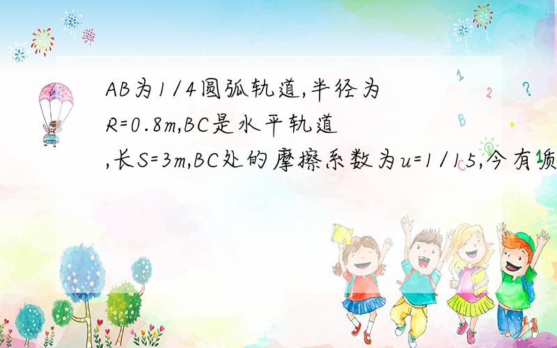 AB为1/4圆弧轨道,半径为R=0.8m,BC是水平轨道,长S=3m,BC处的摩擦系数为u=1/15,今有质量m=1kg的物体,自A点从静止起下滑到C点刚好停止.求物体在轨道AB段所受的阻力对物体做的功是多少?全程动能的增