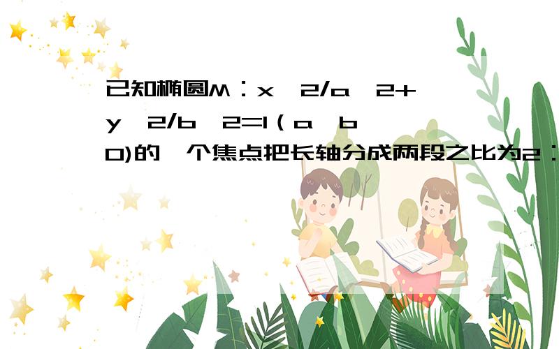 已知椭圆M：x^2/a^2+y^2/b^2=1（a>b>0)的一个焦点把长轴分成两段之比为2：3,且椭圆M过点（0,2根号6）、求椭圆M的方程（a-c）：（a+c）=2：3怎么出来的把长轴分成两段之比为2：