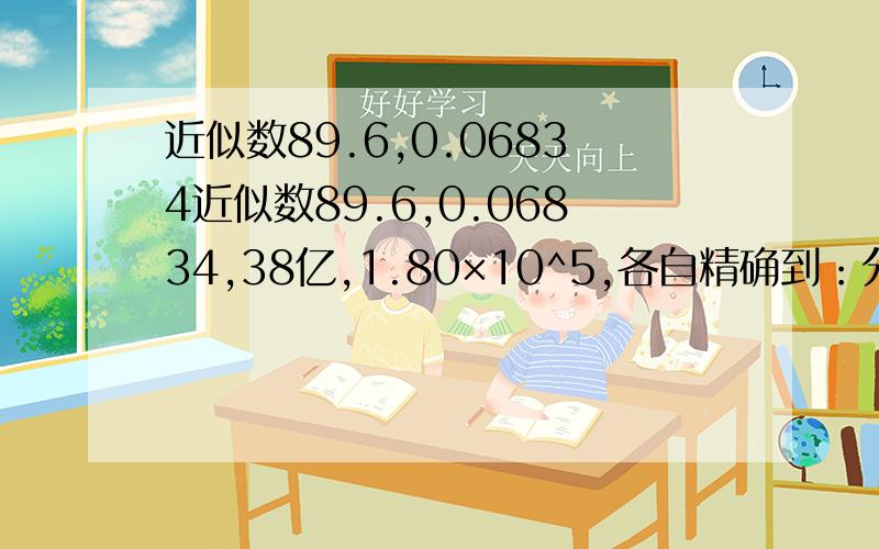 近似数89.6,0.06834近似数89.6,0.06834,38亿,1.80×10^5,各自精确到：分别有________________________________个有效数字.