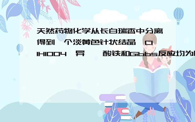 天然药物化学从长白瑞香中分离得到一个淡黄色针状结晶,C11H10O4,异羟肟酸铁和Gibbs反应均为阳性.• UV (λmaxMeOH,nm):255,317.• IR (cm-1):1720,1600,1500,825.• MS:206,191,163,135,107.• 1H-NMR(DMSO-d