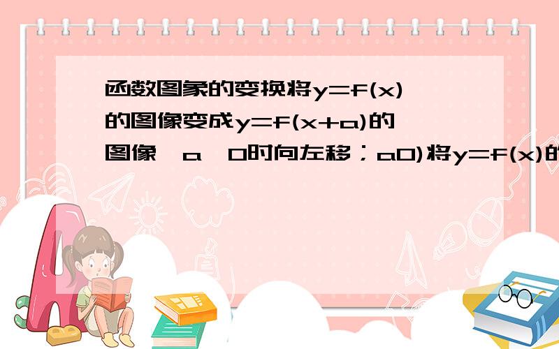 函数图象的变换将y=f(x)的图像变成y=f(x+a)的图像,a>0时向左移；a0)将y=f(x)的图像与y=f(-x)的图像分别变成y=f(x+a)与y=f(-x+a) （a>0）。是不是前者向左移，后者向右移?a