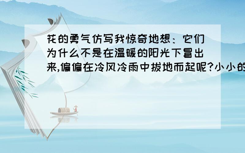 花的勇气仿写我惊奇地想：它们为什么不是在温暖的阳光下冒出来,偏偏在冷风冷雨中拔地而起呢?小小的花儿居然有如此的气魄!我的心头怦然一震,这一震,使我明白了生命的意味是什么,是—