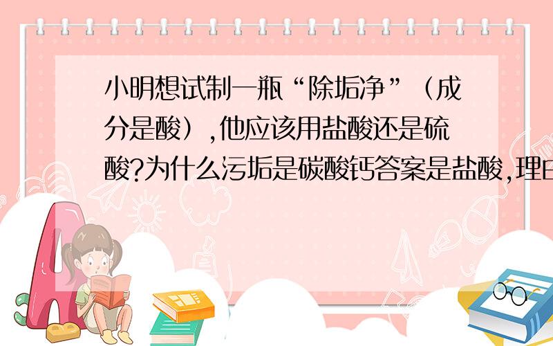 小明想试制一瓶“除垢净”（成分是酸）,他应该用盐酸还是硫酸?为什么污垢是碳酸钙答案是盐酸,理由是另一种酸与碳酸钙反应会生成微溶物. 对这个答案我不理解,什么是微溶物