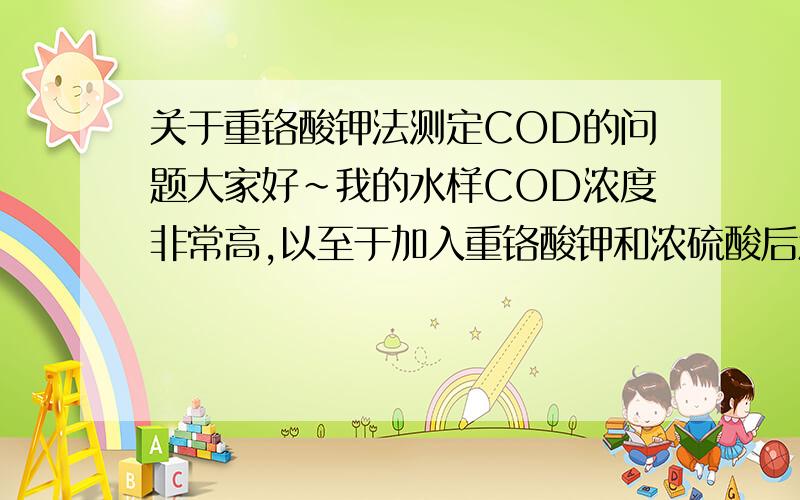 关于重铬酸钾法测定COD的问题大家好~我的水样COD浓度非常高,以至于加入重铬酸钾和浓硫酸后溶液就已经变绿了（当然也加了硫酸银）.后面的回流过程也不用做了,更不用说滴定~我想问的是,