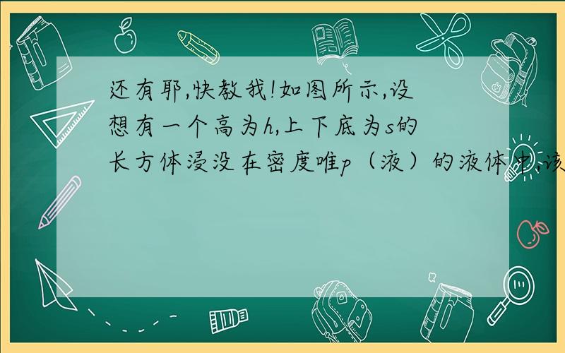 还有耶,快教我!如图所示,设想有一个高为h,上下底为s的长方体浸没在密度唯p（液）的液体中,该长方体上表面在液体中的深度为h1,下表面在液体中的深度为h2.（1）请计算液体对这个长方体上