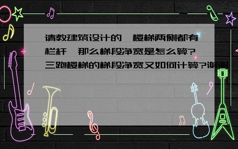 请教建筑设计的,楼梯两侧都有栏杆,那么梯段净宽是怎么算?三跑楼梯的梯段净宽又如何计算?谢谢