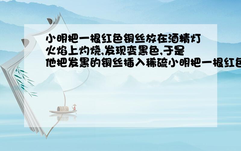 小明把一根红色铜丝放在酒精灯火焰上灼烧,发现变黑色,于是他把发黑的铜丝插入稀硫小明把一根红色铜丝放在酒精灯火焰上灼烧,发现变黑色①,于是他把发黑的铜丝插入稀硫酸,黑色消失,溶