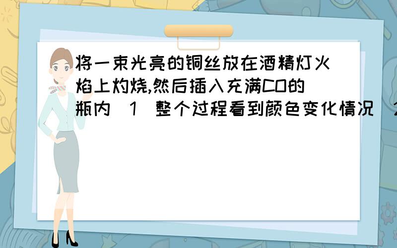 将一束光亮的铜丝放在酒精灯火焰上灼烧,然后插入充满CO的瓶内（1）整个过程看到颜色变化情况（2）有关反映的化学方程式