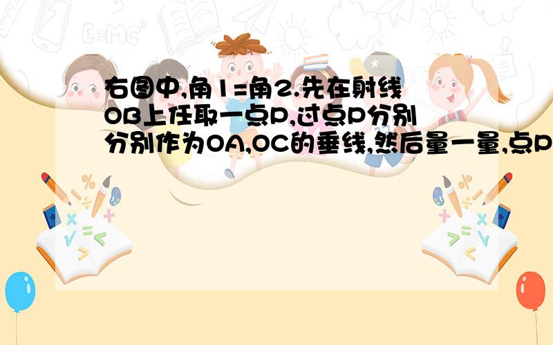 右图中,角1=角2.先在射线OB上任取一点P,过点P分别分别作为OA,OC的垂线,然后量一量,点P到OA,OC的距离距离相等吗