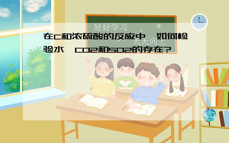 在C和浓硫酸的反应中,如何检验水、CO2和SO2的存在?