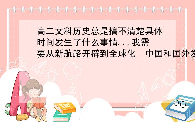 高二文科历史总是搞不清楚具体时间发生了什么事情...我需要从新航路开辟到全球化..中国和国外发生的一系列大事,类似革命啊,战争啊..文宪啊..按时间的前后的顺序.拜托,有的请发来