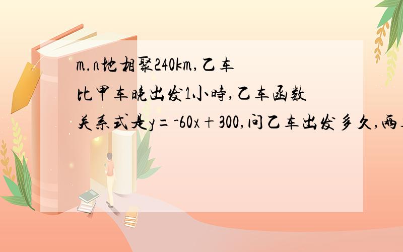 m.n地相聚240km,乙车比甲车晚出发1小时,乙车函数关系式是y=-60x+300,问乙车出发多久,两车第一次相遇?