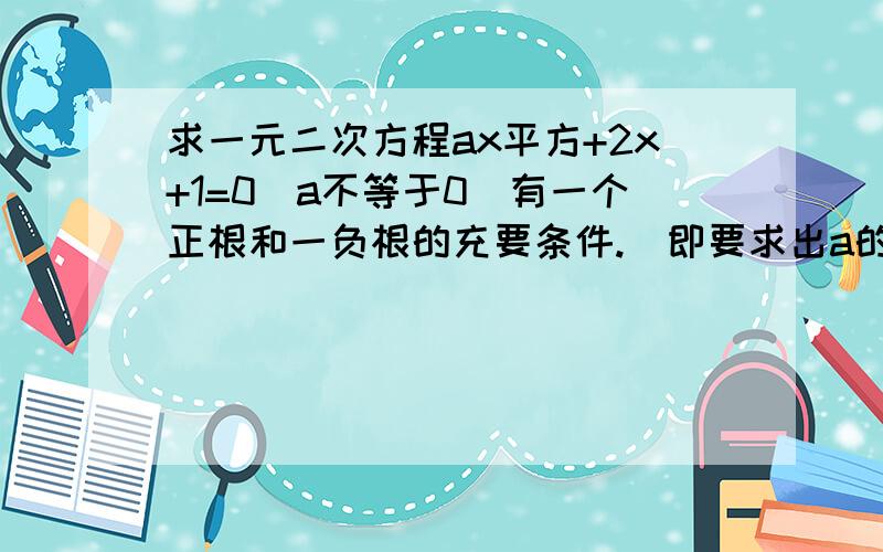 求一元二次方程ax平方+2x+1=0(a不等于0)有一个正根和一负根的充要条件.(即要求出a的范围)