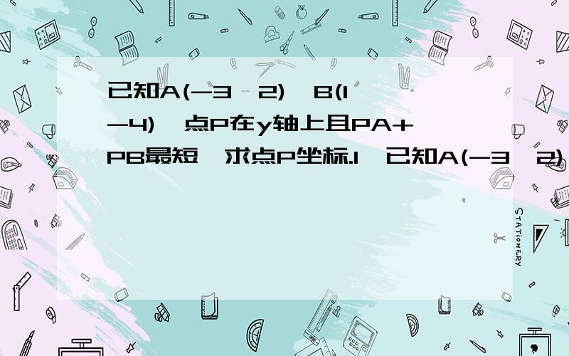 已知A(-3,2),B(1,-4),点P在y轴上且PA+PB最短,求点P坐标.1、已知A(-3,2),B(1,-4),点P在y轴上且PA+PB最短,求点P坐标.2、b为何值时,直线y=-3x+b与直线y=2x-4的交点落在x轴上方?