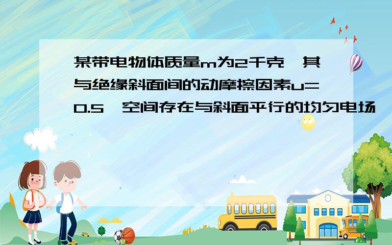 某带电物体质量m为2千克,其与绝缘斜面间的动摩擦因素u=0.5,空间存在与斜面平行的均匀电场,开始物体置于斜面底端,释放后,物体从静止开始沿斜面向上做加速运动,经过t1=0.2s后彻去电场,物体