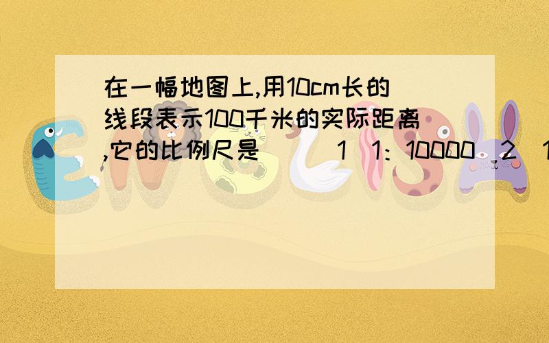 在一幅地图上,用10cm长的线段表示100千米的实际距离,它的比例尺是（）（1）1：10000（2）1:100000（3）1请在第一时间内回答我好吗？