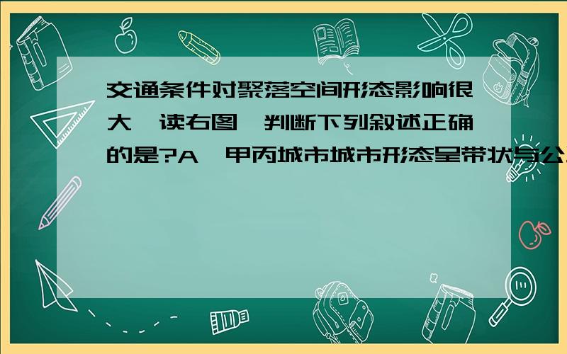 交通条件对聚落空间形态影响很大,读右图,判断下列叙述正确的是?A,甲丙城市城市形态呈带状与公路交通有关B,甲乙丙等城市空间形态沿水运交通干线扩展C,丁城市的空间形态与铁路无关D,甲