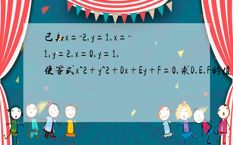 已知x=-2,y=1,x=-1,y=2,x=0,y=1,使等式x^2+y^2+Dx+Ey+F=0,求D,E,F的值