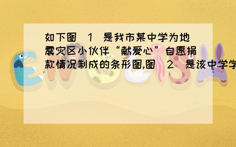 如下图（1）是我市某中学为地震灾区小伙伴“献爱心”自愿捐款情况制成的条形图,图（2）是该中学学生人数比例分布图,该校共有学生1450人,（1）八年级学生共捐款多少元?（2）该校学生平