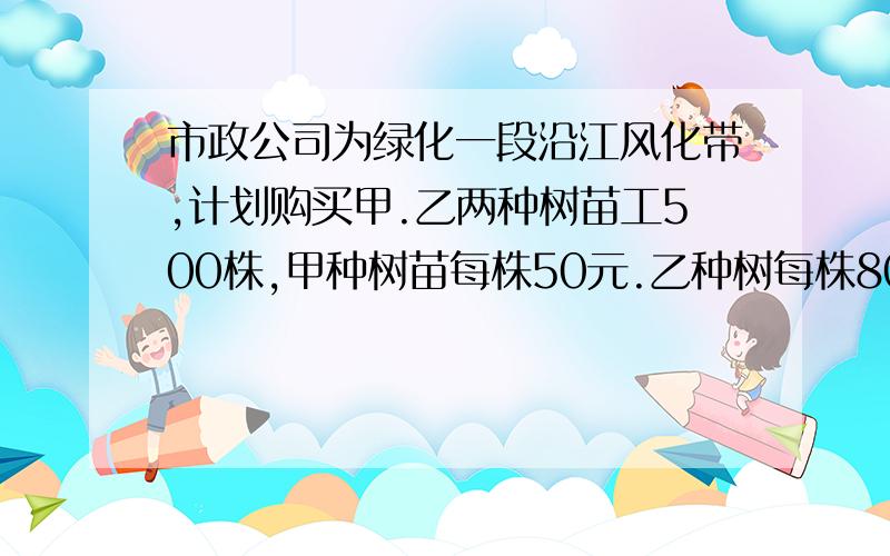 市政公司为绿化一段沿江风化带,计划购买甲.乙两种树苗工500株,甲种树苗每株50元.乙种树每株80元.若购买树苗公用28000元.求甲、乙两种树苗各多少株   各位亲们求求了,马上要啊!若购买树苗