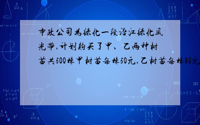 市政公司为绿化一段沿江绿化风光带,计划购买了甲、乙两种树苗共500株甲树苗每株50元,乙树苗每株80元,若（1)甲树苗每株50元,乙树苗每株80元,若购买树苗共用了28000元,求甲,乙各多少株.（2）