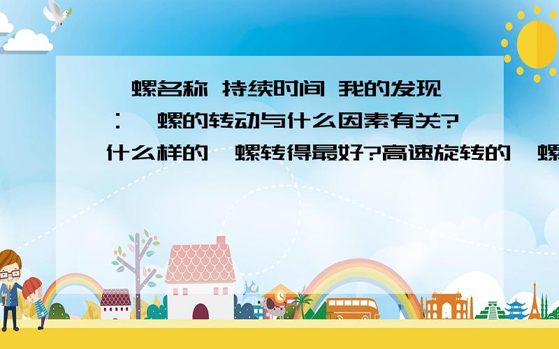 陀螺名称 持续时间 我的发现：陀螺的转动与什么因素有关?什么样的陀螺转得最好?高速旋转的陀螺有什么特性?  研究结论：