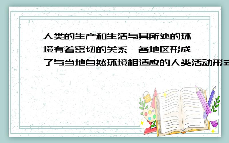 人类的生产和生活与其所处的环境有着密切的关系,各地区形成了与当地自然环境相适应的人类活动形式.写几个你熟悉的人类适应环境的生产和生活形式.如：中东地区的阿拉伯人喜欢白色,很