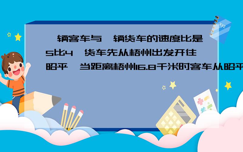 一辆客车与一辆货车的速度比是5比4,货车先从梧州出发开往昭平,当距离梧州16.8千米时客车从昭平出发开往州,两车相遇时行了全程的一半,球昭平至梧州的路程有多少千米.